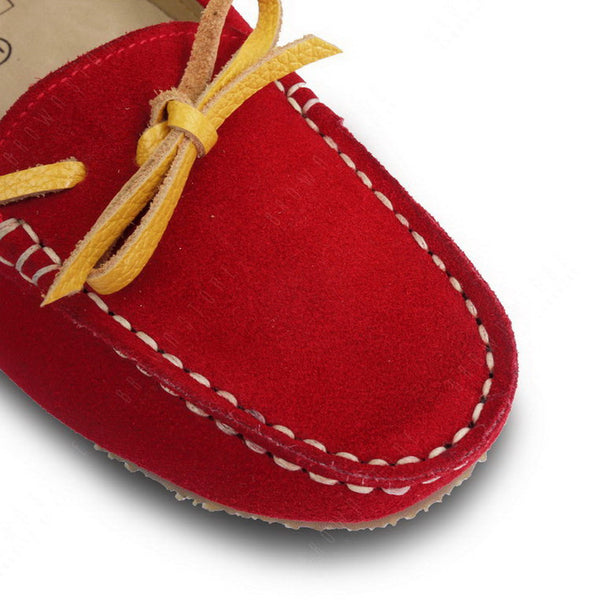 Bicolor Leather Lace Moccasin Suede Ruby Red and Yellow - Assembly Artisans Co.,Ltd.