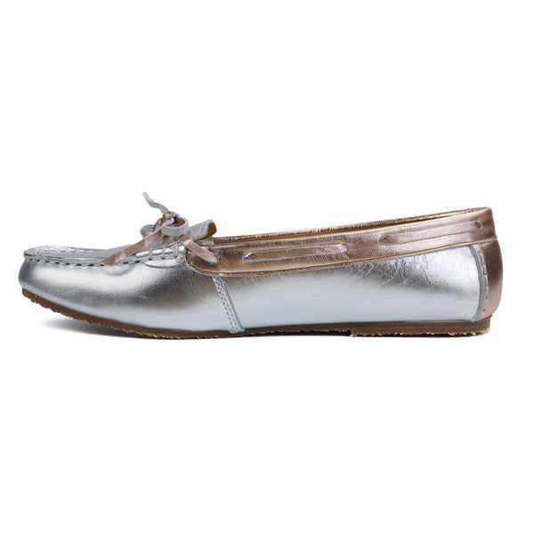 Gorgeous Girl Lace Leather Moccasin Liquid Silver and Rose Gold - Assembly Artisans Co.,Ltd.