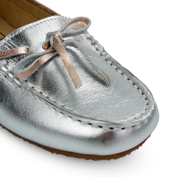 Gorgeous Girl Lace Leather Moccasin Liquid Silver and Rose Gold - Assembly Artisans Co.,Ltd.