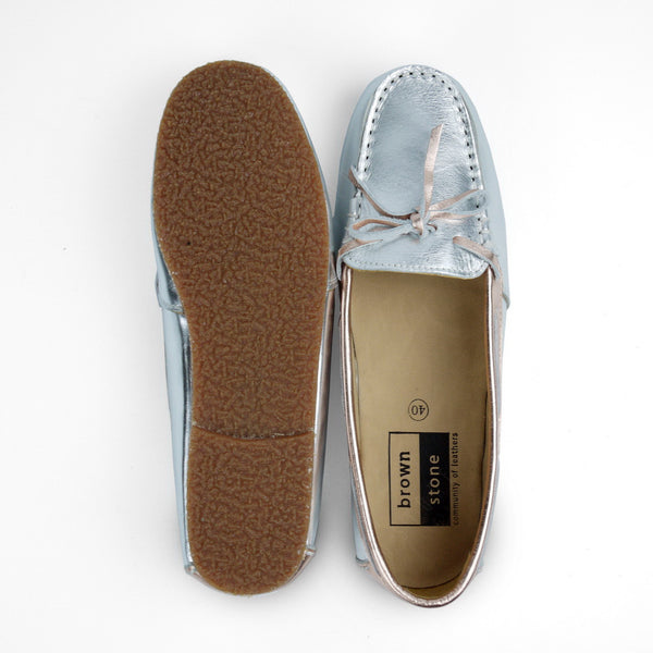 Gorgeous Girl Lace Leather Moccasin Liquid Silver and Rose Gold - Assembly Artisans Co.,Ltd.