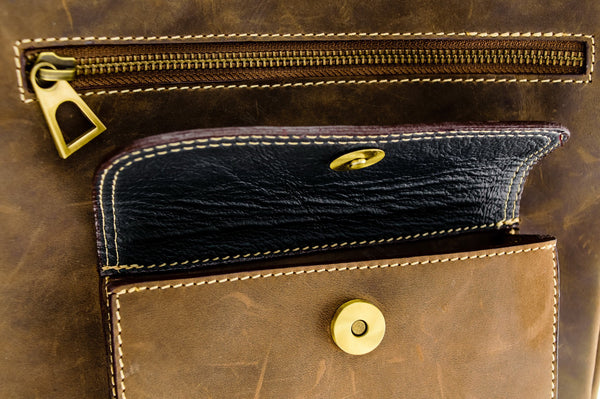 Brown Stone Messenger Leather Bag Military Tech Oil Nubuck - Dark Brown - Assembly Artisans Co.,Ltd.