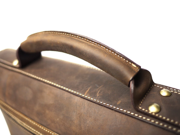 Brown Stone Leather Bag Vintage Satchel Oil Nubuck - Dark Brown - Assembly Artisans Co.,Ltd.